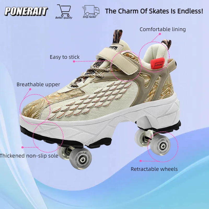 4-Wheel Professional Double Row Skates Deform Roller Skate Shoes Youth Sneakers Parkour Street Deformation Shoes Gift for Kid