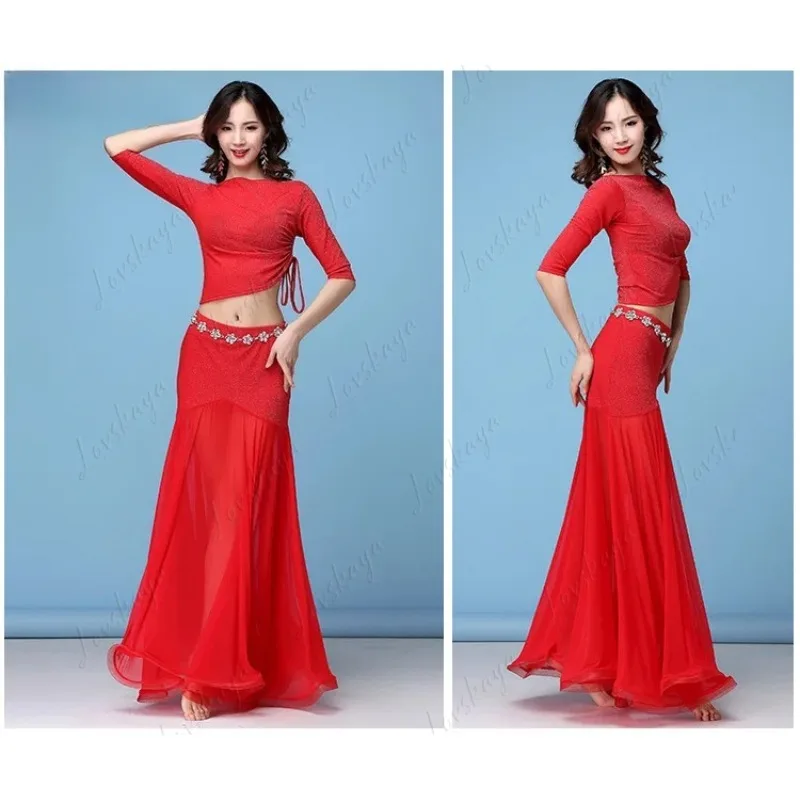 Traje de práctica de danza del vientre - Falda drapeada con cuerda para actuaciones - Conjunto básico - Estilo femenino