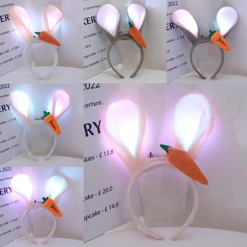 

M6CD Glow in Dark Party Supplies LED Bunny Ear Plush Headbands Light Up Headband