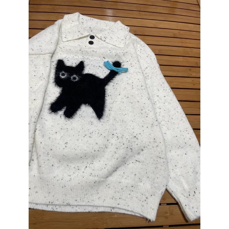 

Свитер с вышивкой котенка, воротник-поло, свободный свитер с длинными рукавами, женский пуловер, повседневный топ