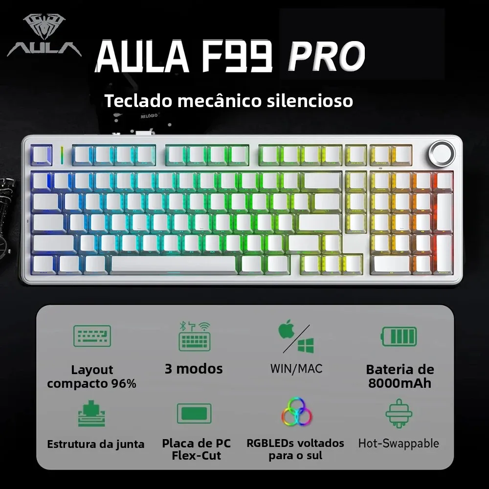 AULA F99 Pro Teclado Mecânico Silencioso Sem Fio Três Modos Hot-Swappable Personalizado RGB Retroiluminado Translúcido Lado Gravado Teclado
