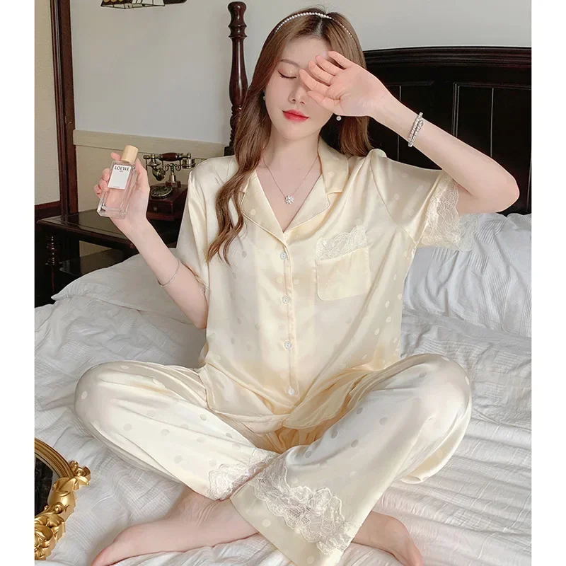 New Spring Autumn Sweet Pajamas Women Short-Sleeve Long-Pants Two-Piece Fashionable Lacy Cute Homewear Girl Worn Outside Pajamas