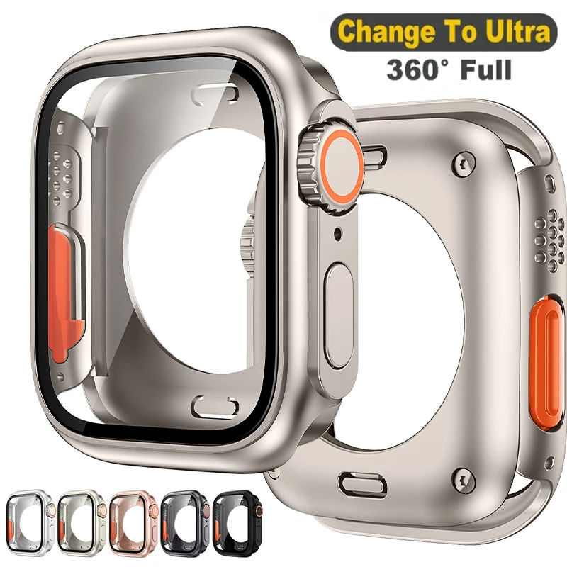 Tempered Glass+Case for Apple Watch 9 8 7 45MM 40mm 41mm 44mm Cover for iWatch 6 SE 5 4 Full Coverage Change to Ultra 49mm Case