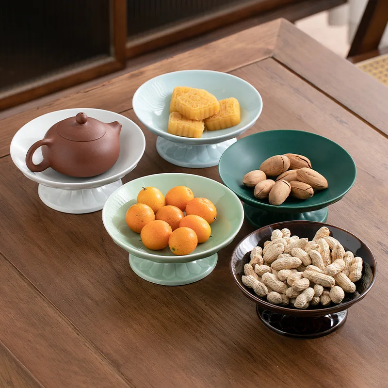 Celadon retro tea tray Chinese ceramic high fruit tray home living room table snack base nut fruit dish