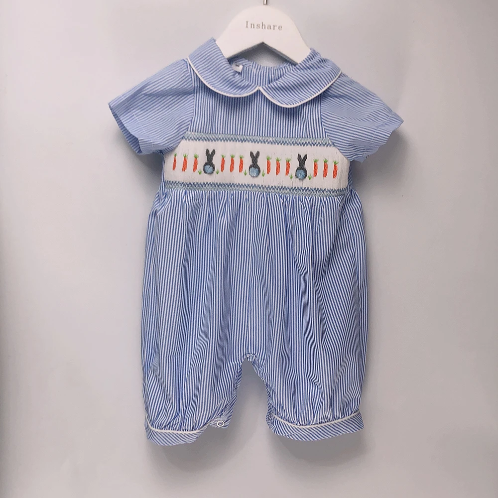 Children Boutique Clothing Summer Short Sleeve Boys and Girls Baby Striped Romper Handmade Smocked Rabbit Embroidery Cute Outfit