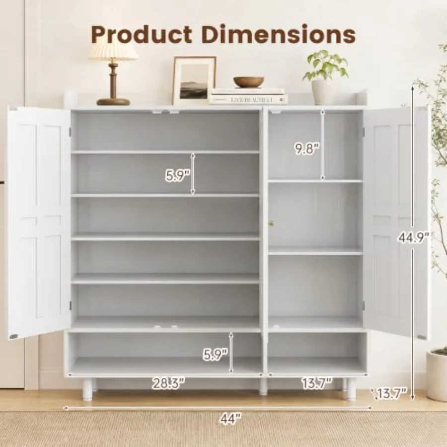Entryway shoe storage cabinet: 6-tier, 45 tall, adjustable shelves doors, wood finish, blackholds high heels, boots, sneakers