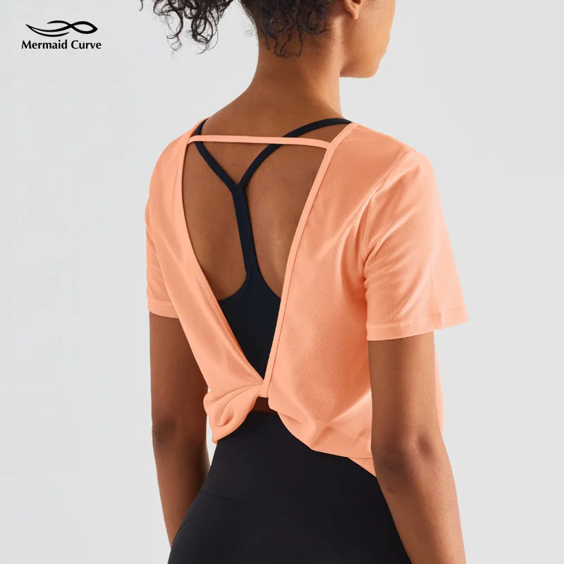 

Mermaid Curve High Quality Collection Mesh Breathable Running Short Sleeve T-Shirt women's Loose Big Open Back Yoga Shirt Top