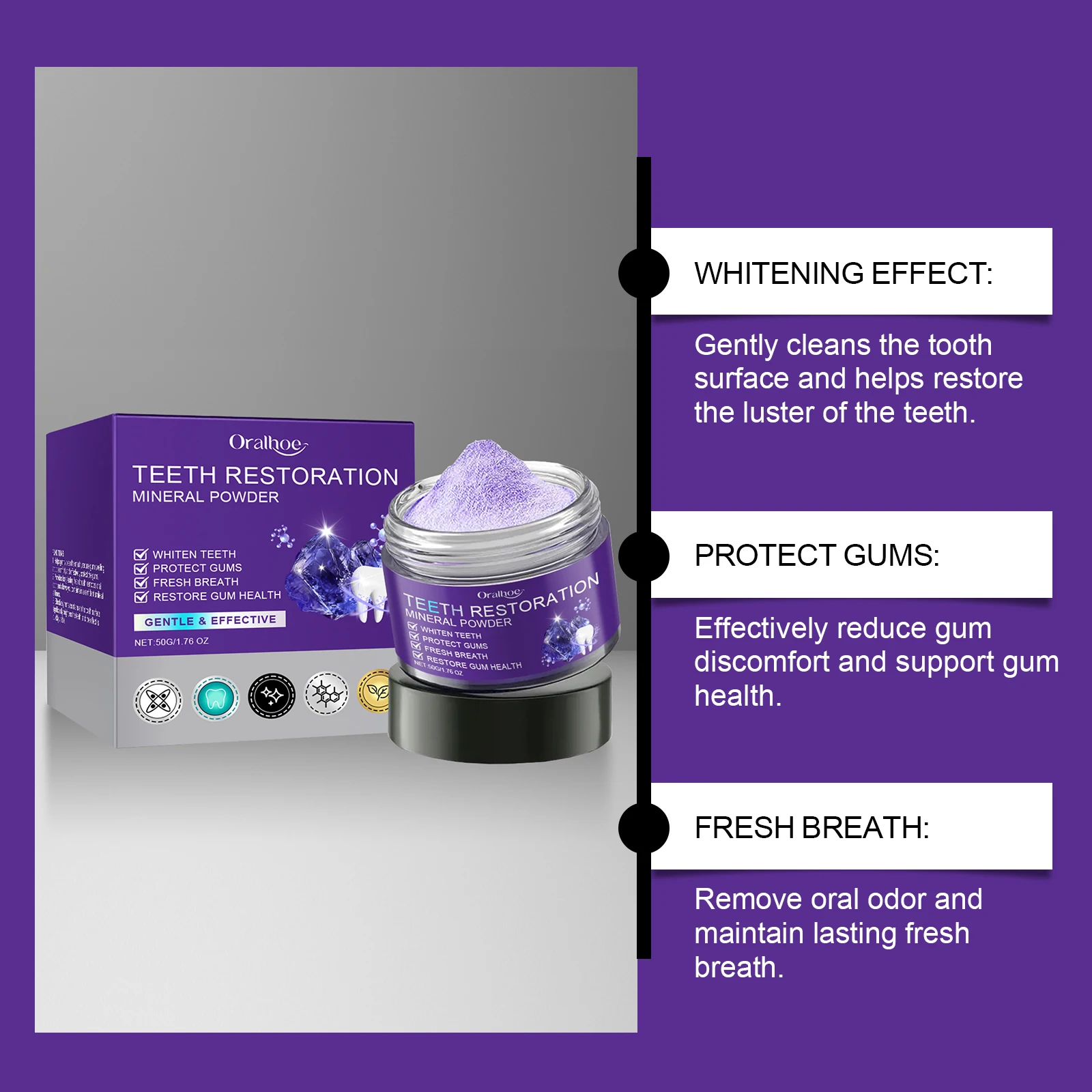 Purple Tooth Cleaning Powder Deep Cleaning and Polishing Stain Remover Colour Corrector Toothpaste Fresh Breath Gentle Oral Care For Daily Use and Travel