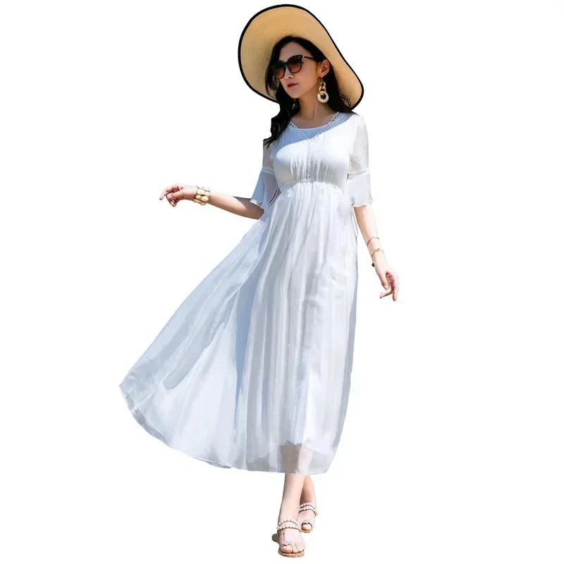 100% Tcyeek Mulberry Real es per le donne 2024 New Slim Long White Female Bohemia Holiday Tourism Beach Dress Vestidos