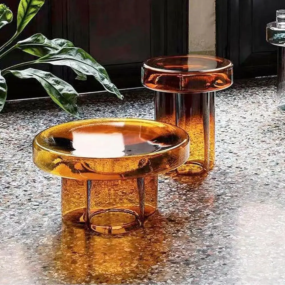 

Mid-Century Modern Amber Glass Coffee Table, 21.65in for Balcony or Office
