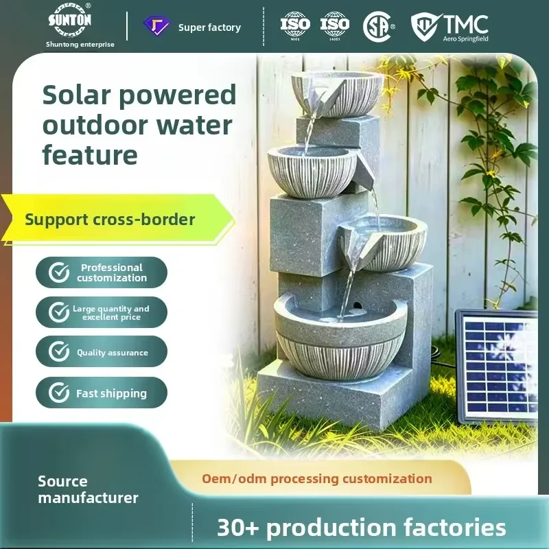 Solar-Powered European Style Fountain Water Feature Recirculating Four-Tier Wealth-Bowl Design Modern Courtyard Water Display