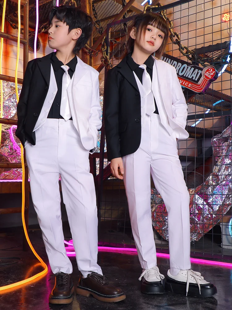 2023 Children Stage Costume White Suit Vest Blazer Pants Boys Hip-Hop Dance Clothes Girls Jazz Performance Kpop Outfits BL10333