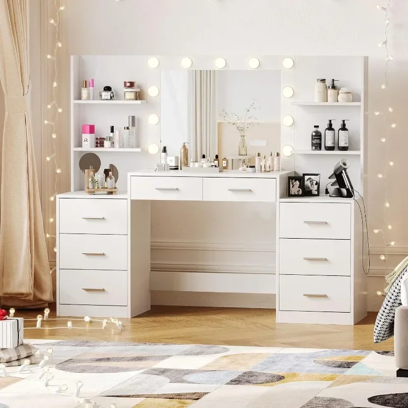 Makeup Vanity Table with Mirror & Lights, Vanity Desk with Power Strip, Large Drawer & Six Open Storage Dresser, White