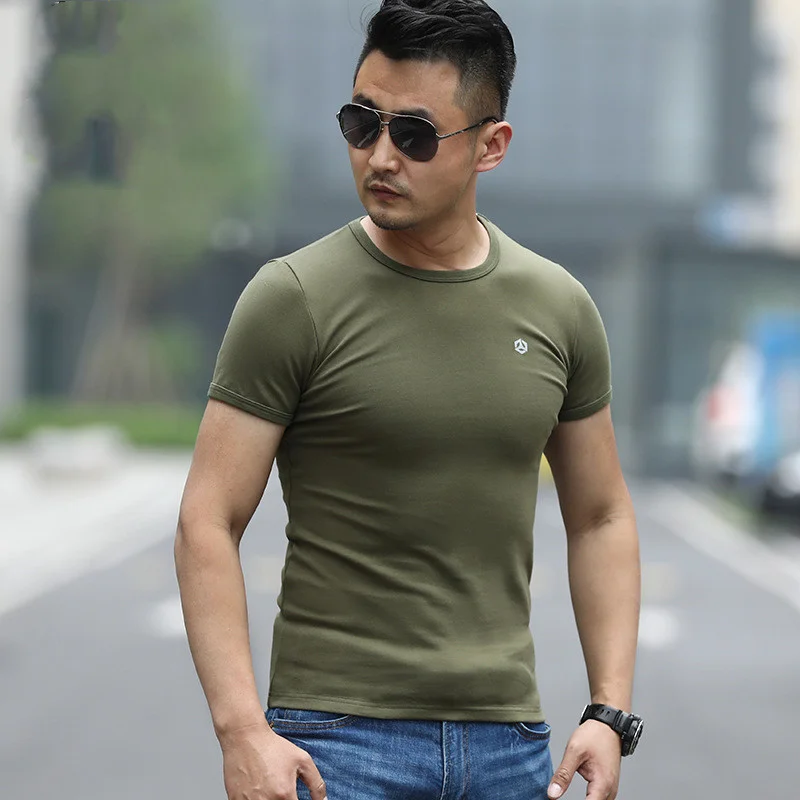 Outdoor Summer Tactical Quick Dry T-Shirt Men Short-Sleeved Military Fan Round Neck Slim Stretch Climbing Training Sport