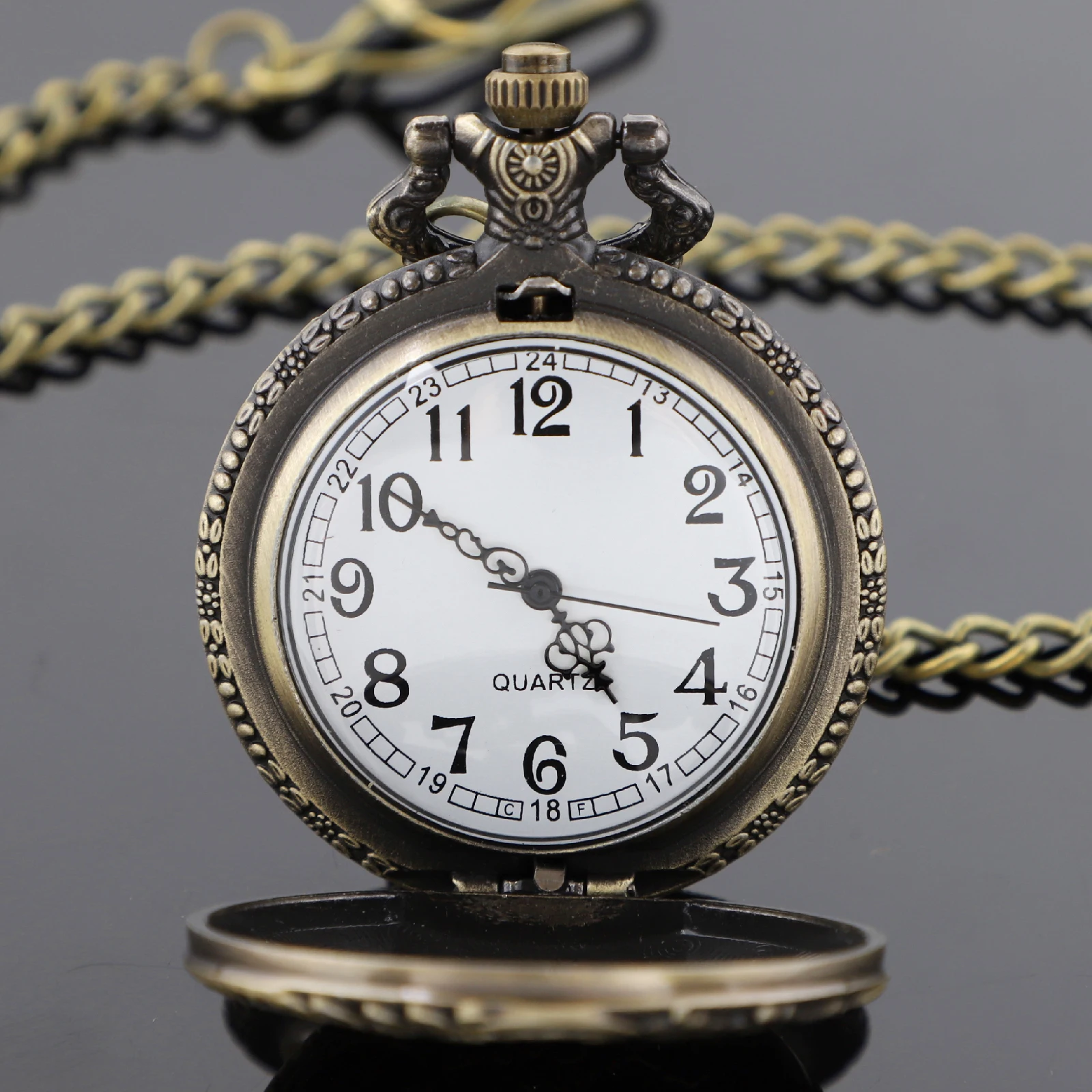 Orologio da taschino al quarzo con motore a treno in bronzo retrò, collana da donna, orologio a catena, migliori regali per uomo, miglior souvenir