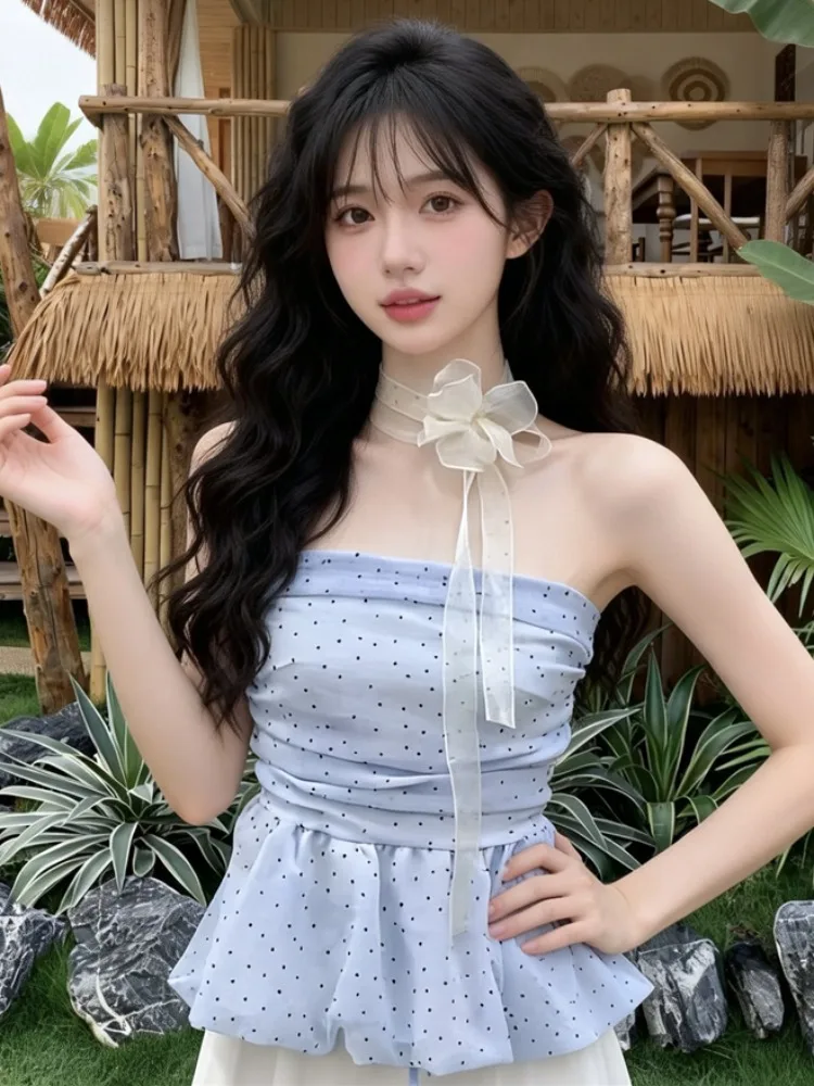 

Sweet Blue Polka Dot Bloomer Tube Top Vest Women's Summer New Style Hot Girl Waist Cinching Backless Inner Wear Top