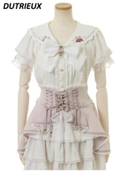 Japanese Sweet Mass-Produced Embroidered Big Bow Tops Mine Style Sailor Collar Blouse All-Match White Short Sleeve Shirt