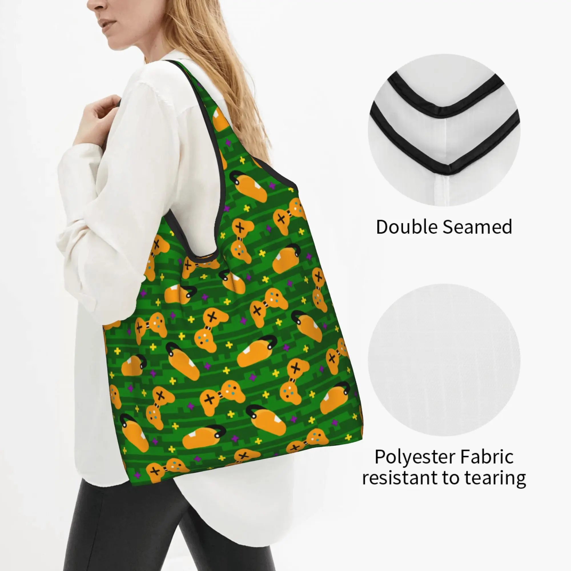 Geometric Game Joystick  Groceries Shopping Bags Funny Shopper Shoulder Tote Bags  Portable Orange Game Controllers Handbag