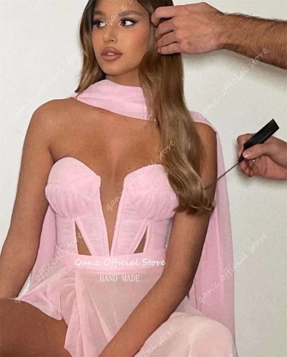 Qanz Sexy Pink Prom Dress Sweetheart Chiffon High Slit Ruffles Party Dresses Lace Up Back Vestidos Para Eventos Customized