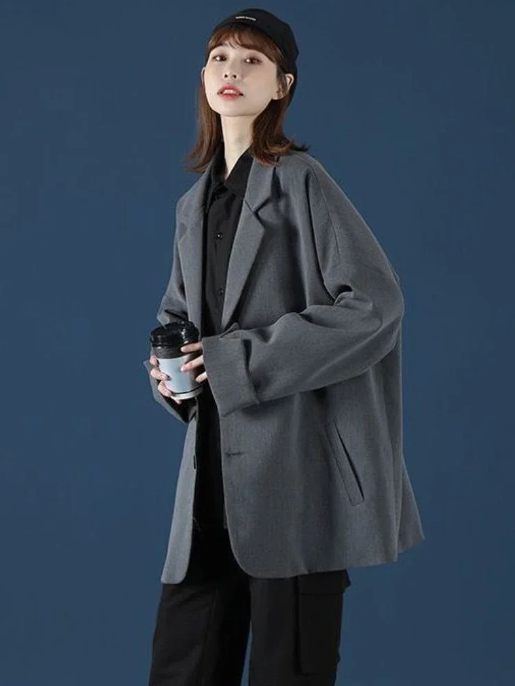 블레이저 여성 헐렁한 단순한 옷 우아한 프레피 옷 한국 패션 유니섹스 긴 소매 가을 하이 스트리트 젠틀 노치드 인