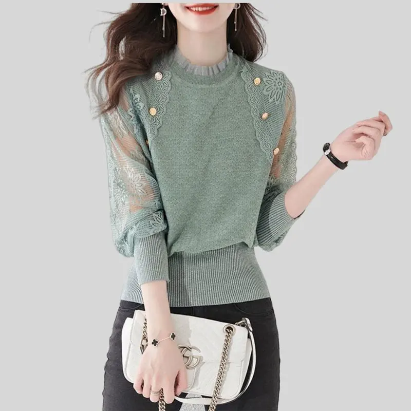 Sweet Floral Lace Spliced Blouse Fashion Hollow Out Female Clothing Solid Color O-Neck Spring Autumn Long Sleeve Knitted Shirt