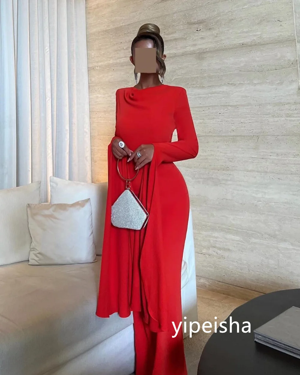 Customized Exquisite Jersey Pleat Mermaid O-Neck Midi Dresses Prom Dresses Modern Style Pastrol Unisex Chinese Style Formal Casu