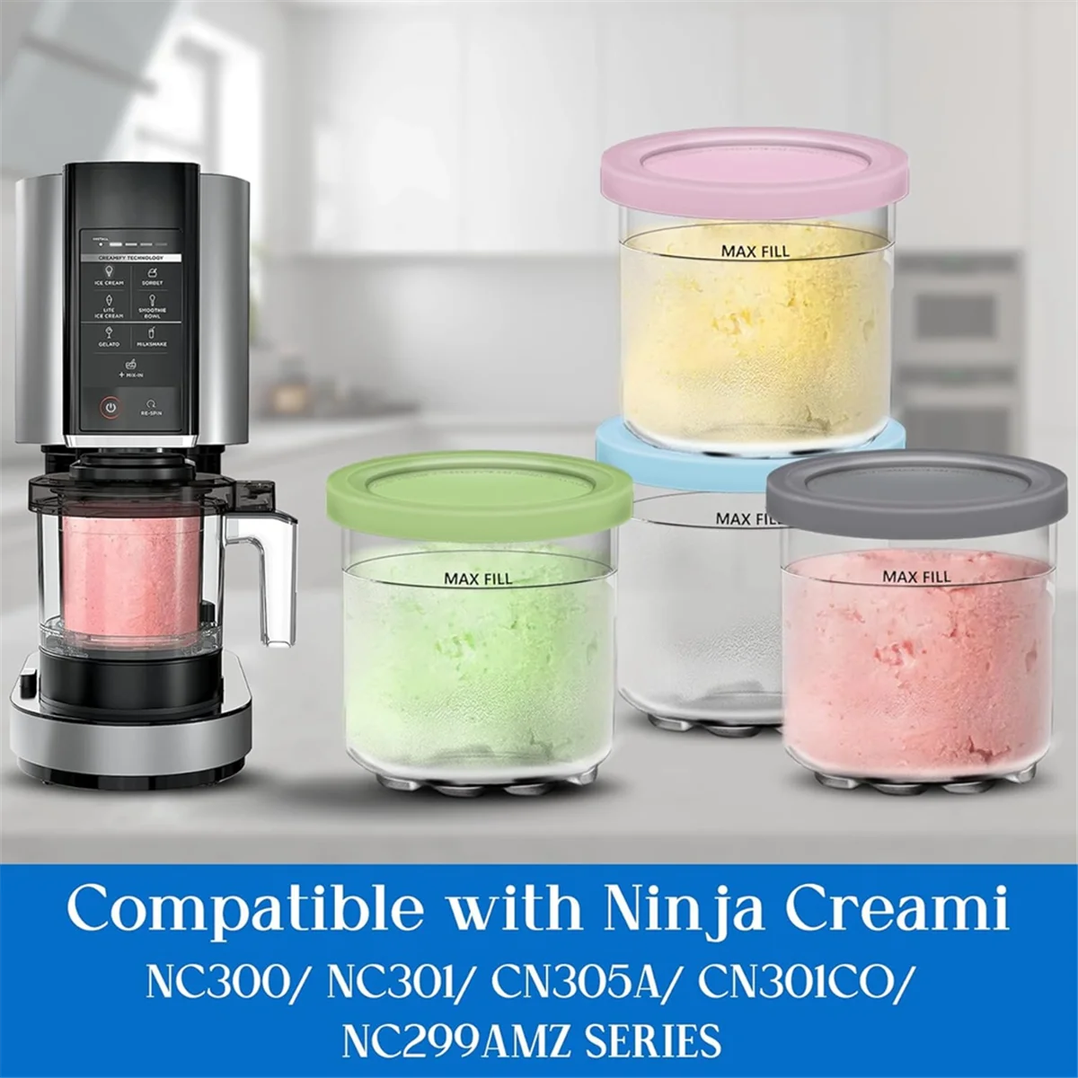 Creami Pints and Lids for Ninja - 4Pack Creamy Icecream Containers Cups Jars Tubs Canisters Set NC299AMZ & NC300S Series