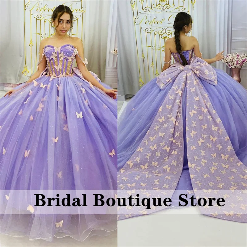 New Arrival Luxury Blue Princess Ball Gown Quinceañera Dresses 2024 Bow Butterfly Appliques Beads Birthday Party For 15th Girls