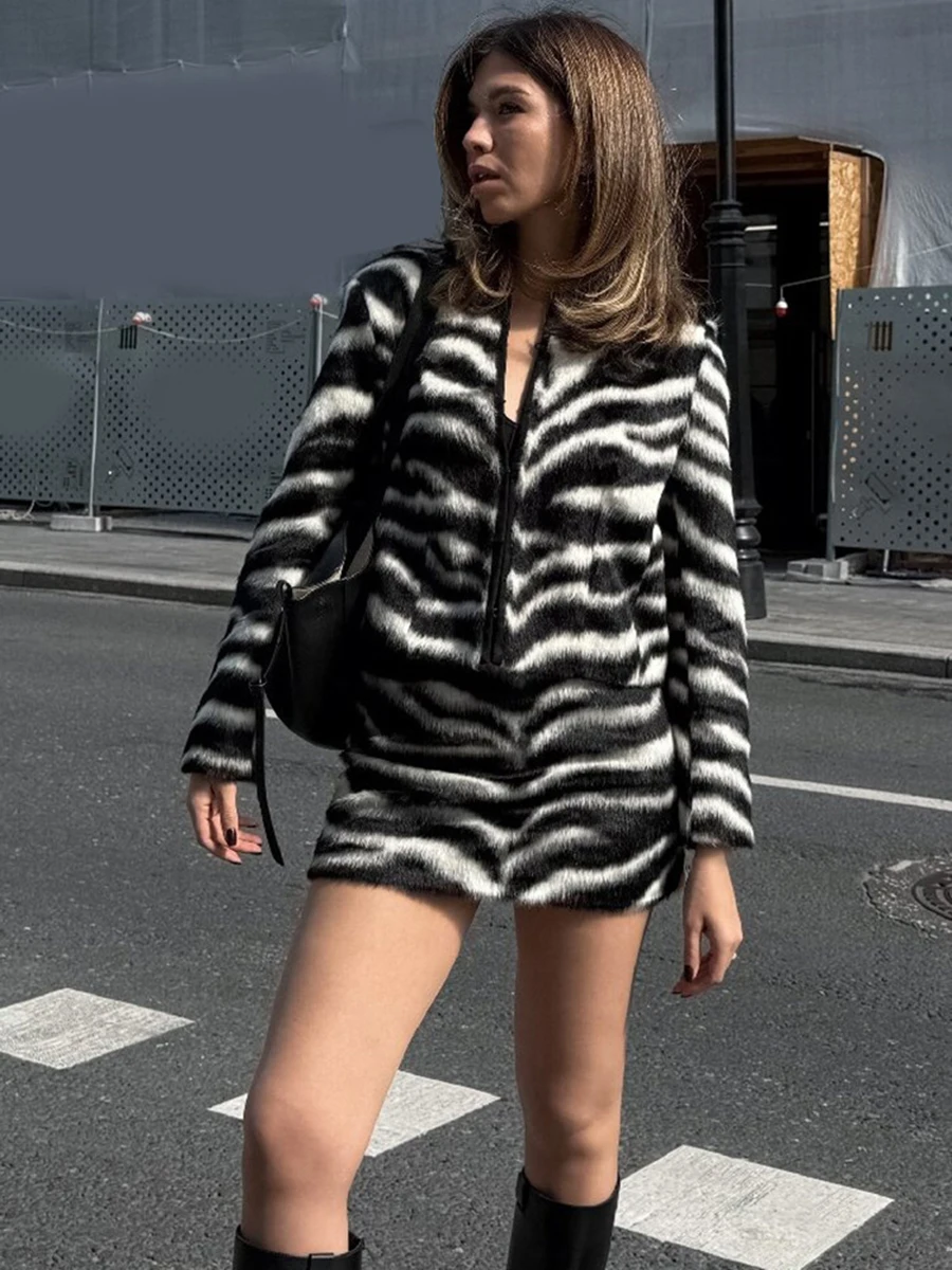 Women Zebra Stripe Faux Fur 2 Piece Set Long Sleeve Jacket + Mini Skirt Winter Outfit