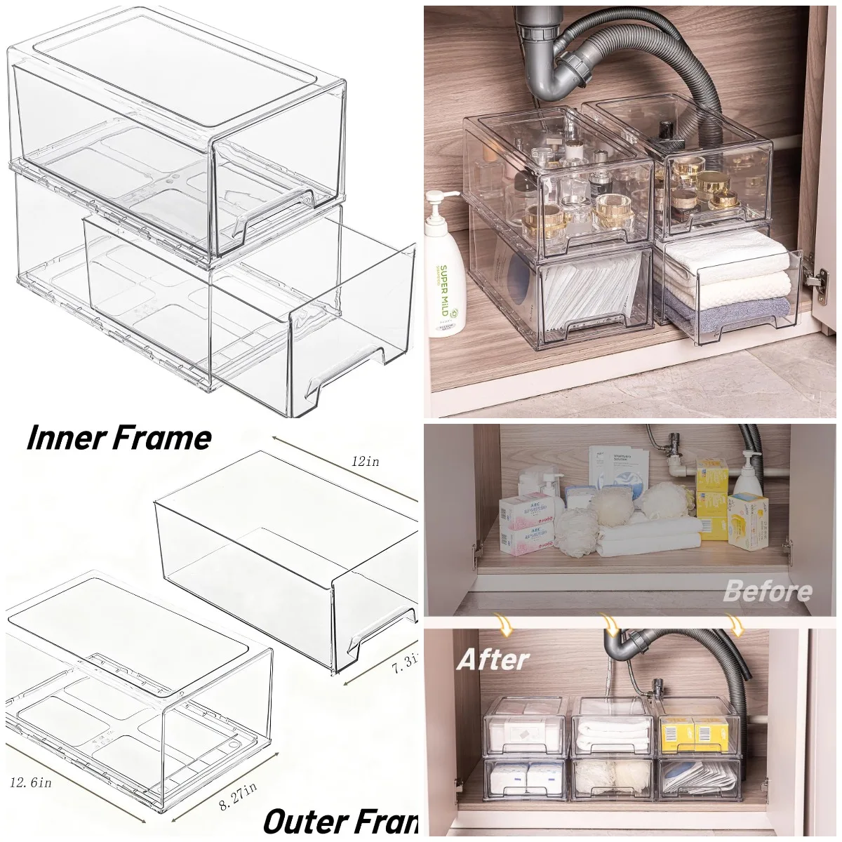 

PeJeyiee, комплект из 2 штабелируемых выдвижных ящиков, прозрачные пластиковые контейнеры с ручками для кухни, шкафа, холодильника, шкафа, кладовой, офиса