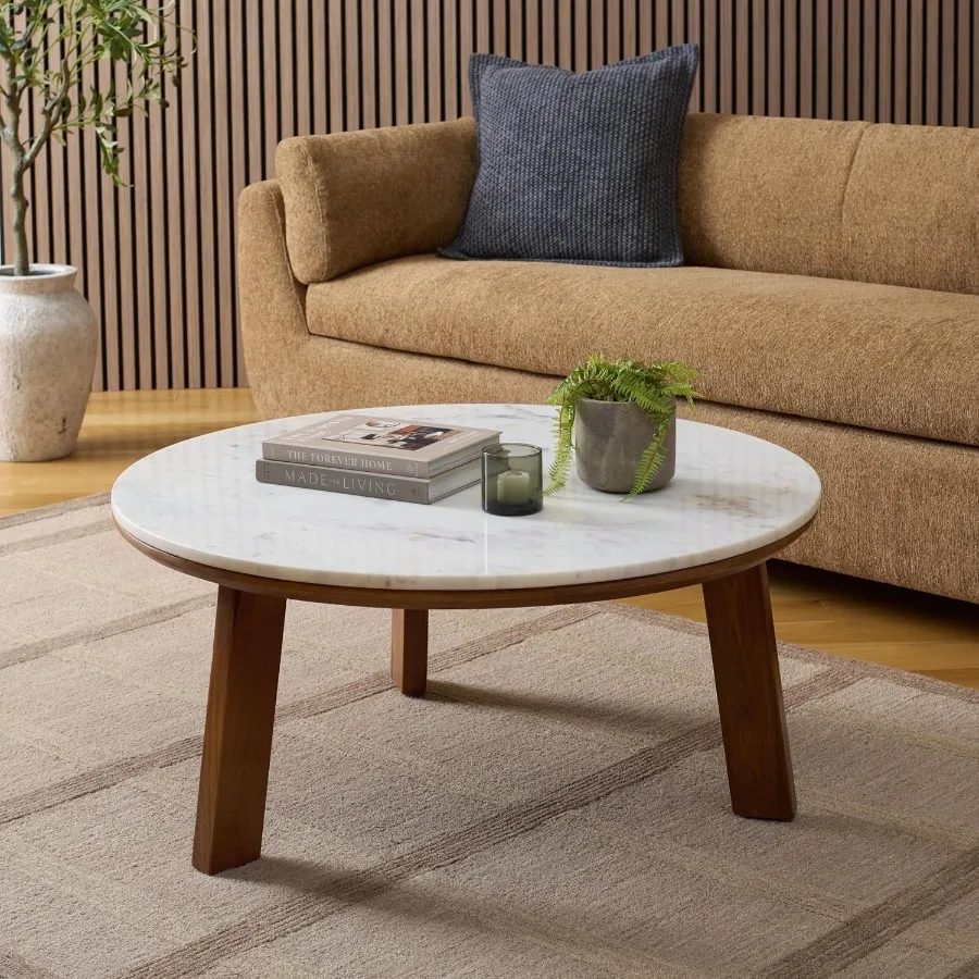 Furniture - Arkady Round Coffee Table - White Brown - Marble Top, Mid-Century Modern Design for Living Room, Family Room Den, 3
