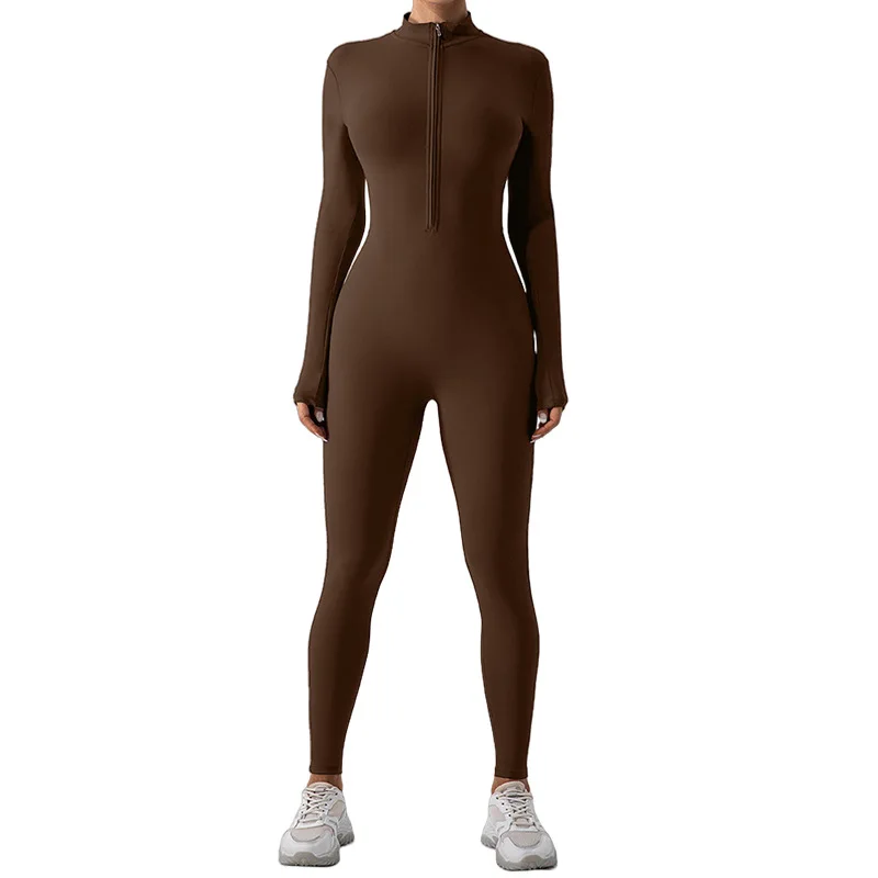 2025 Stand Up Collar Half Zipper Long Sleeved Yoga Jumpsuit for Women Nude and High-intensity Fitness Pilates Sports Jumpsuit