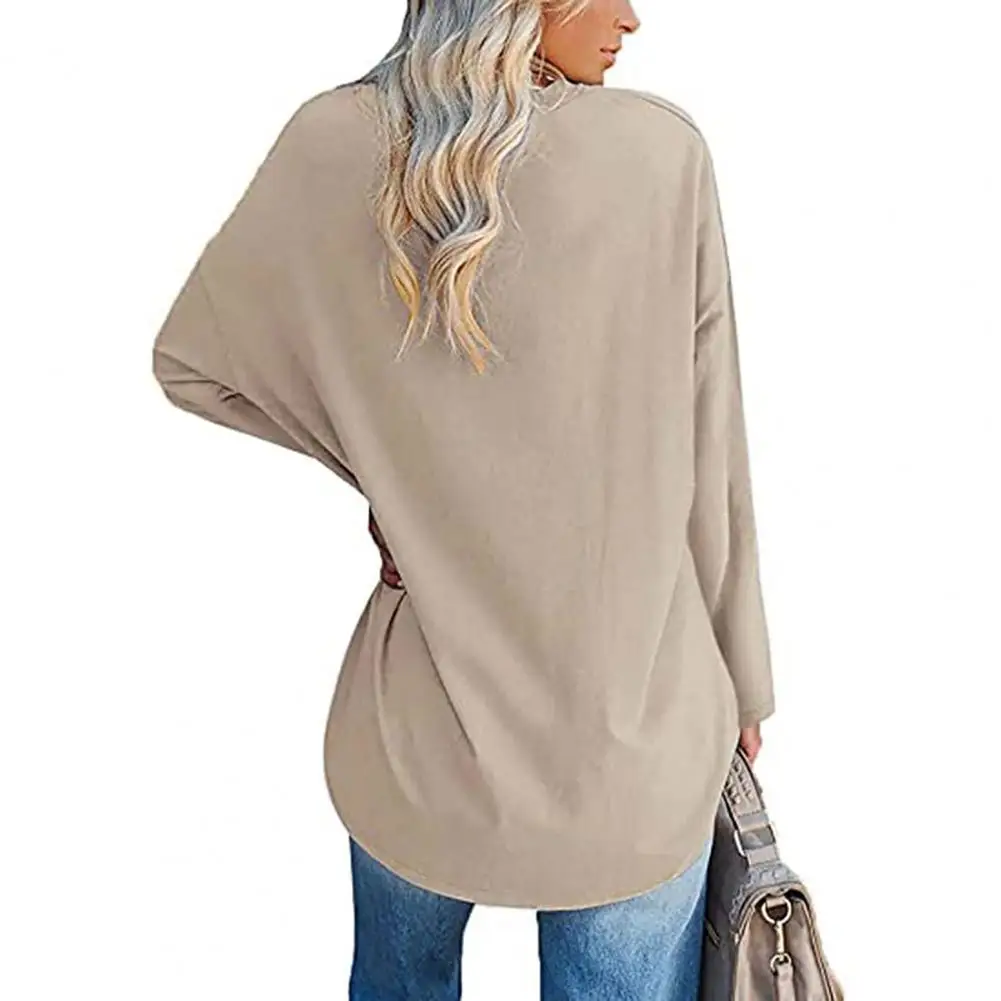 Fashion T-shirt Top  Breathable Stretchy Autumn Top  Solid Color Loose Lady Tunic Blouse