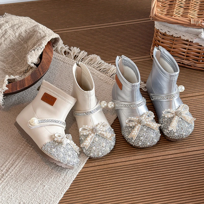 Autumn Girl's Princess Shoes Bowknot Crystal Zipper Exquisite Kid's Boots Solid Colors Anti-slip Charming Trendy Children Shoes