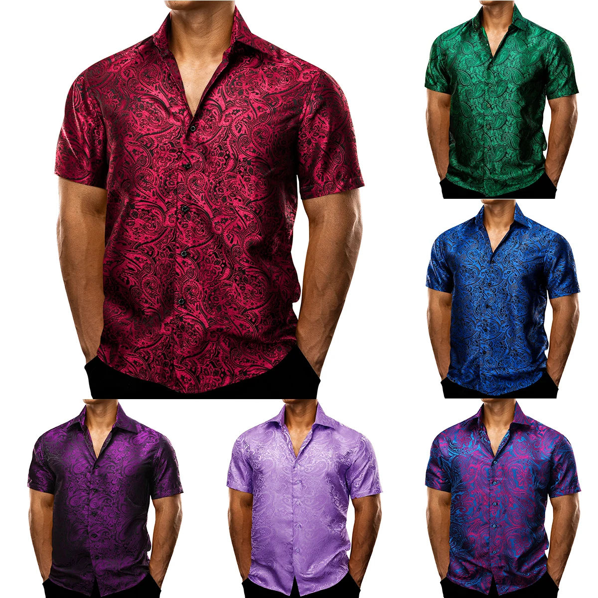 Barry Wang Men's Shirts Short Sleeve Silk Embroidered Red Green Blue Purple Gold Paisley Slim Fit Casual Male Blouses Lapel Tops