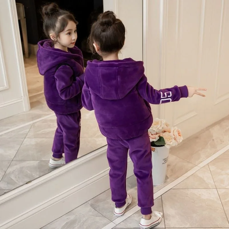 2026 Winter Girls Warm Coral Fleece Alphabet Zip Waistcoat+Sweatshirt+Pant Sets School Kids 3PCS Tracksuit Child Work Outfit