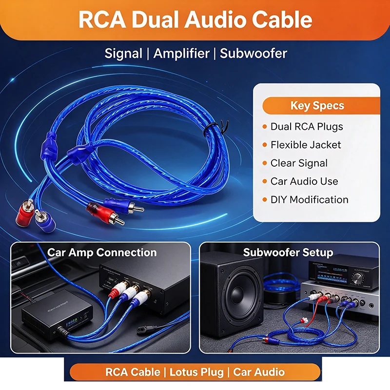RCA Dual Head Lotus Plug Cable 90 Degree Elbow for Car Audio Subwoofer Amplifier Signal Connection