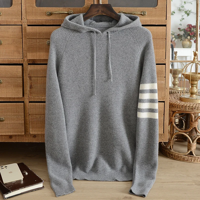 Winter 100% pure cashmere sweater men's hooded thickened sweater with hat solid color pullover sweater sweater casual jacket top