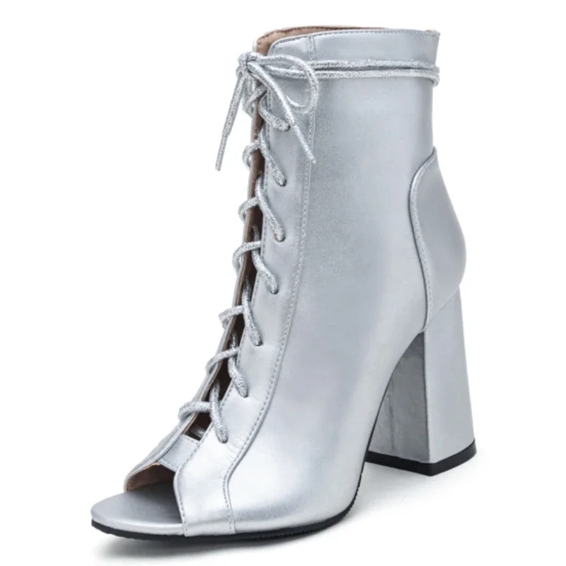 

Черные ботильоны, женские ботильоны на блочном высоком каблуке, серебро, новинка 2025, летняя обувь, короткие вечерние танцевальные ботинки на шнуровке, дышащие весенние ботинки