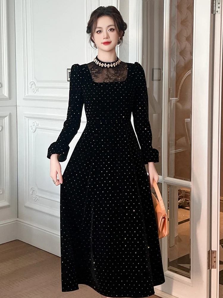 Dames Vintage Elegante Banketjurken Frans Zwart Kant Splice Heldere Steentjes Swing Gewaad Vrouwelijke Feest Prom Vestidos Dame