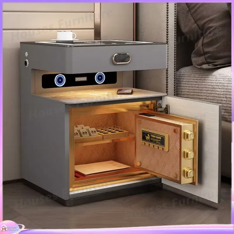 Smart Bedside Table with Wireless Charging Bluetooth Speaker Fingerprint Lock Password Nightstand Modern Luxury Bedroom