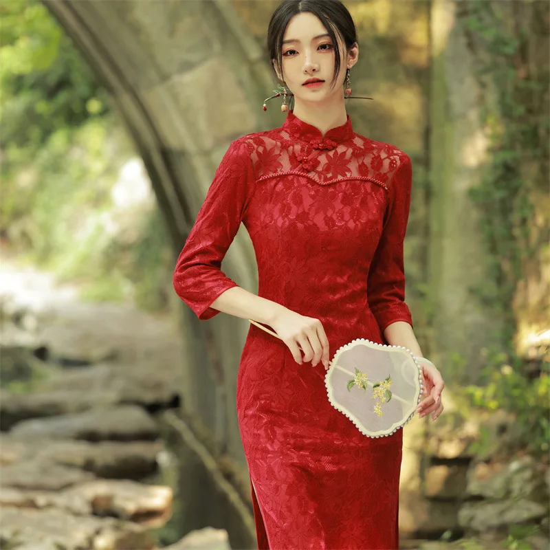 

2023 New 3 Colors Autumn Red Cheongsam Women Vintage Lace Dress Mid Long Half Sleeve Costume Chinese Style Qipao S To 3XL