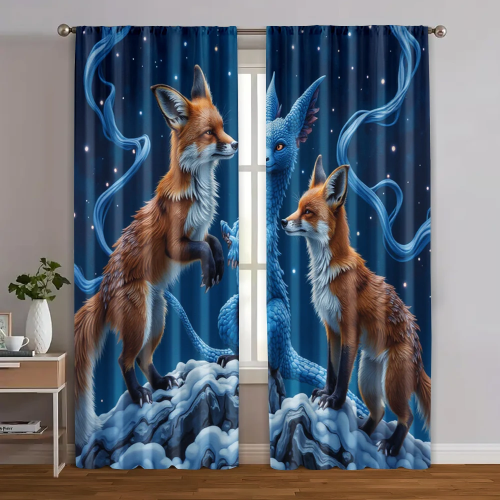 2pcs, Curtains&Window Treatment Fox Cartoon Machine Washable Fabric (without rod) Versatile All Use for Home Decor and Privacy