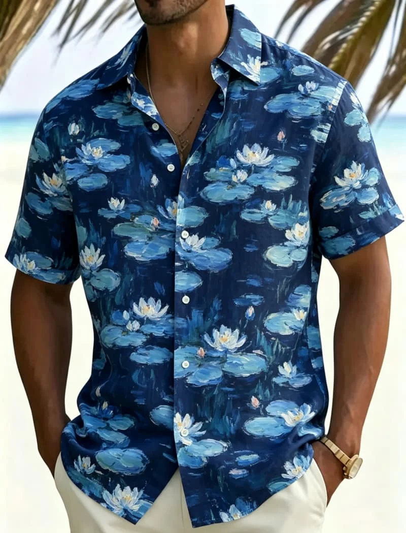 Men's Artistic Floral Oil Painting Print Casual Shirt, Breathable Top For Summer Vacation Party Travel And Daily Wear