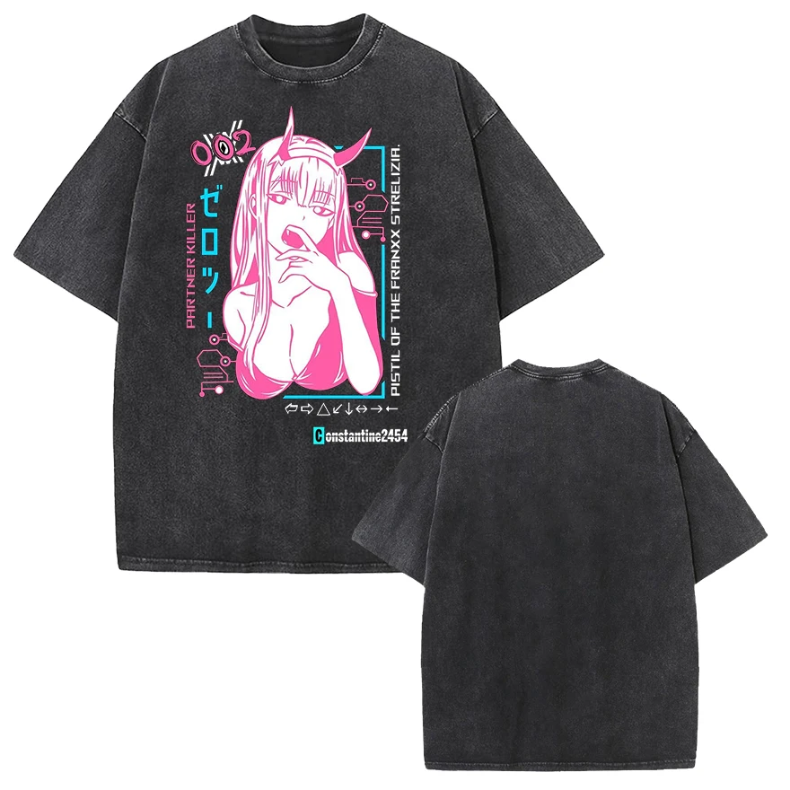 Anime Zero Two Graphic T-shirt DARLING in The FRANXX Washed Cotton T Shirt Men Women Clothing Summer Oversized Short Sleeve Tees