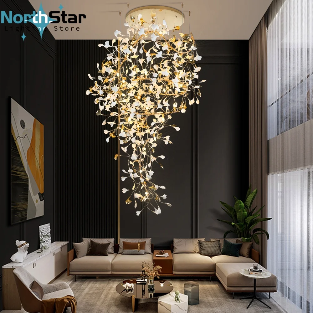 

Luxury Modern Large Ginko Leaves Hanging Staircase Chandeliers for Hall Lobby Designer High Ceiling Living Room Ceramics S-shape