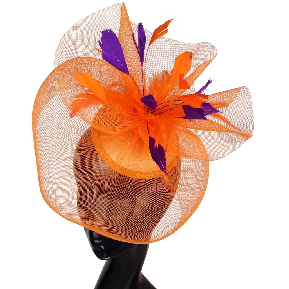 Moda pomarańczowe kobiety fascynatory włosów akcesoria kapelusze dla eleganckich pań śubne nakrycie głowy Party Tea Royal Fancy Feather Headpiece