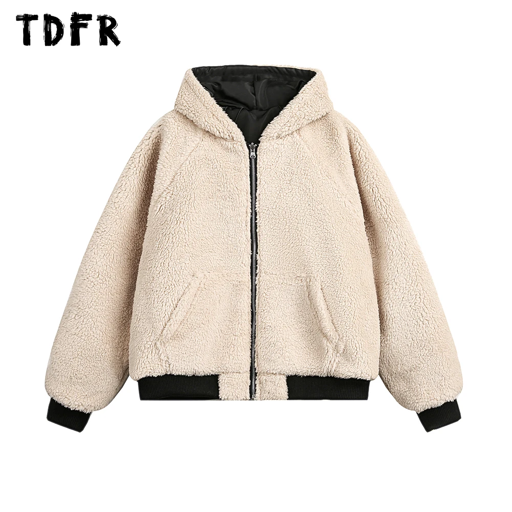 Double-sided Sherpa Jacket Mens Streetwear Winter Thick Long Sleeve Hooded Long Sleeve Outerwear Men