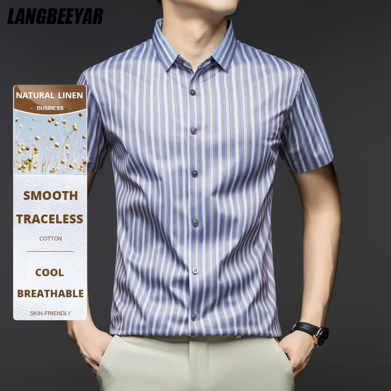 

High End 5.4%Linen Anti-wrinkle New Summer Brand Designer Shirt Men Slim Striped Short Sleeve Casual Fashion Mens Clothing 2025