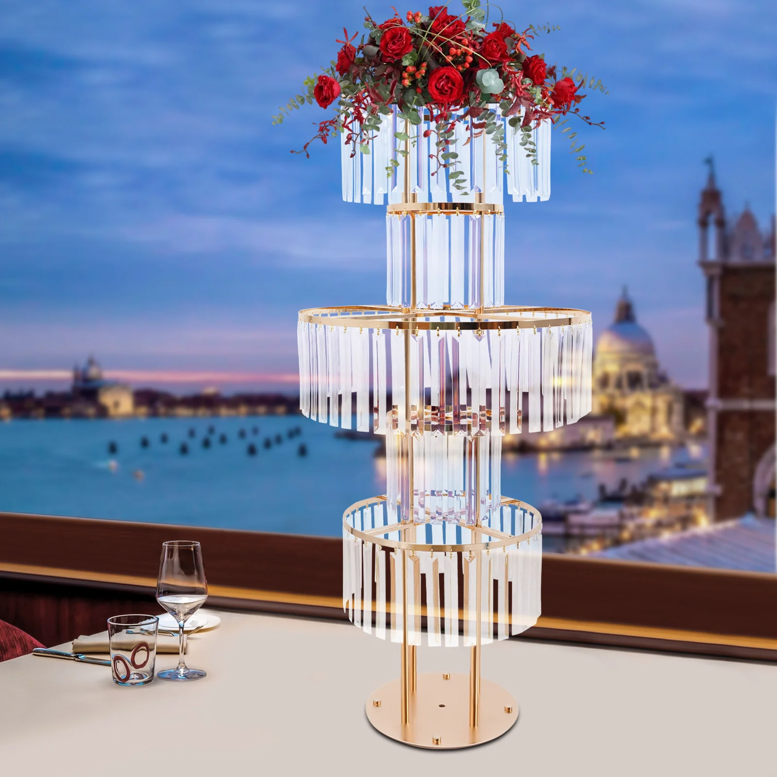 

5-Tier Gold Flower Stand Iron & Acrylic Crystal Material, Electroplating Process With 17.64Lbs Load Capacity For Weddings